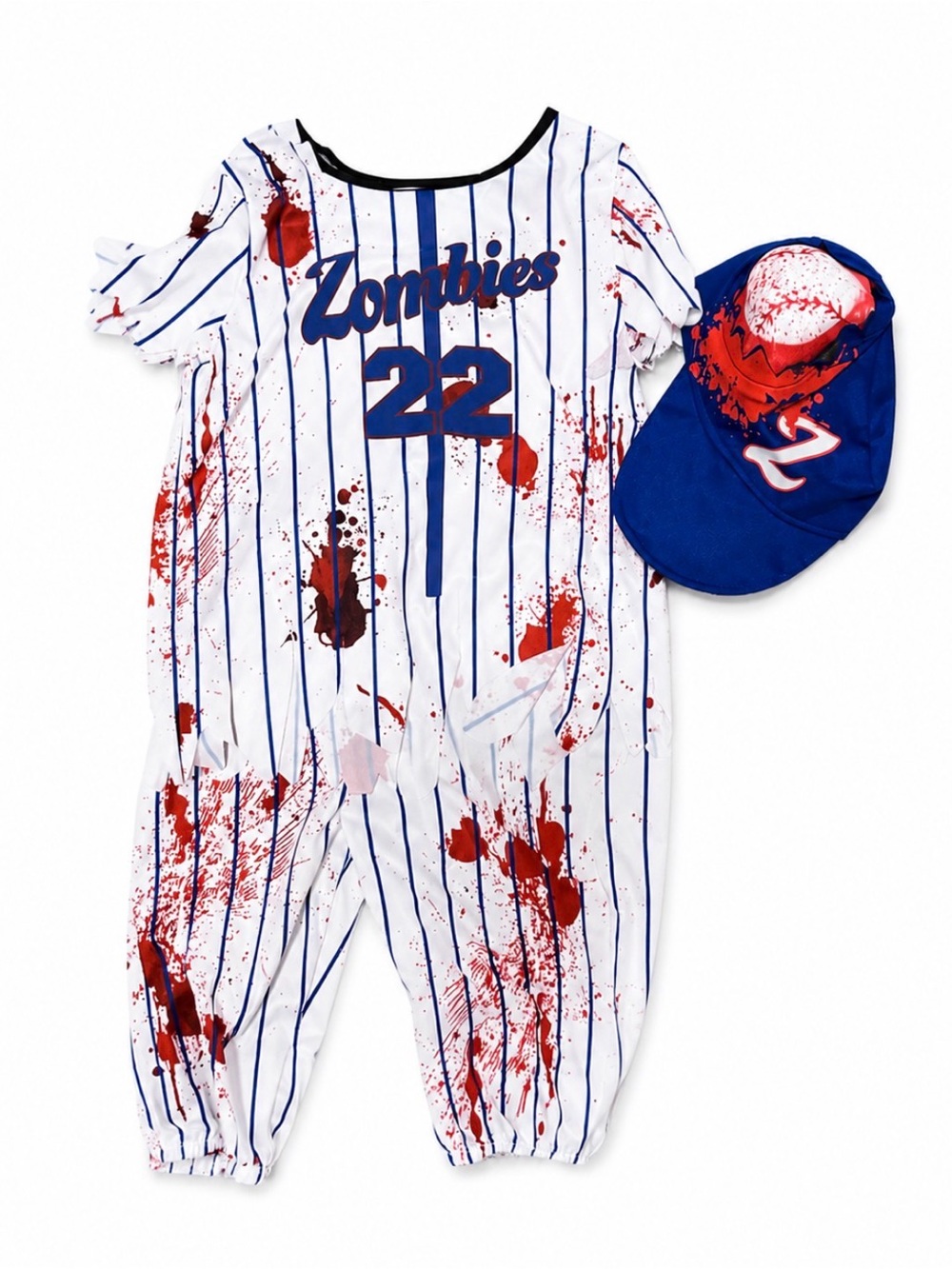 Zombies 22 Pinstripe Baseball Costume with Cap - White & Blue with Red Splatter